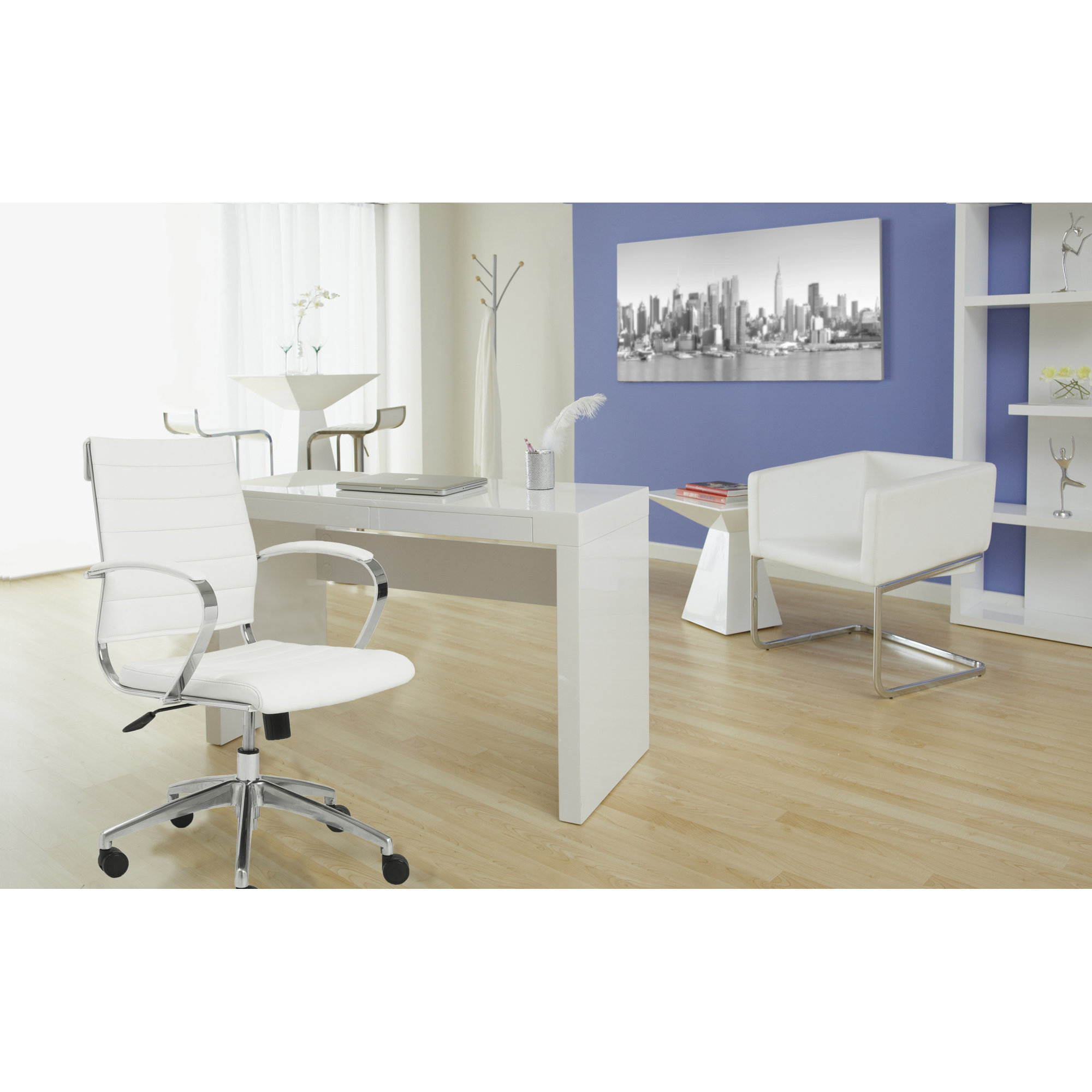 Rossie Swivel Office Chair, Fixed, White Faux Leather
