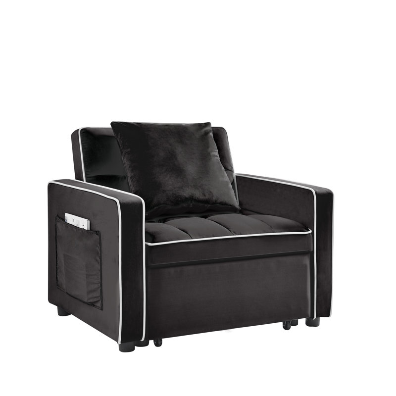 Myleigh 36.61'' Velvet Futon Chair, Black Velvet