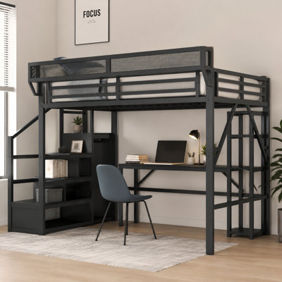 Lit mezzanine pleine grandeur en métal avec bureau et tablettes de présentation, équipé d'escaliers, d'une armoire, d'une station de charge et d'un éclairage à DEL pour les adolescents et les enfants, noir
