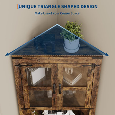 Grande armoire d'angle, armoire de rangement d'angle avec porte vitrée et tablettes réglables, rangement compact pour le salon, la cuisine et la salle de bain