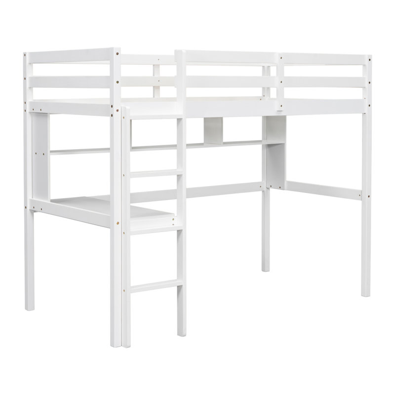 Lit mezzanine simple avec bureau et tablettes, barrière de sécurité et échelle, Blanc
