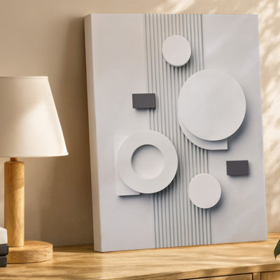 Canvas A Minimalist Composition Featuring A Series Of White Circular Forms Wall Art Of Varying Sizes And A Few Small Dark Geometric Canvas Wall Art