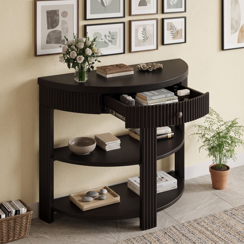 Console cannelée demi-lune avec tiroir et tablettes, Noir