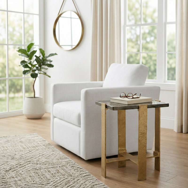 Modern Accent Side Table with Glass Top for Living Room Decor - Slim Narrow End Table with Metall Frame for Room Styling - Gold & Metallic