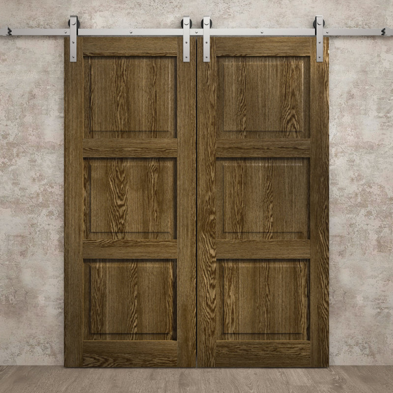 Porte de grange double moderne | Ego 5010 | Ensemble de rail argenté | Portes intérieures solides, Chêne marbré