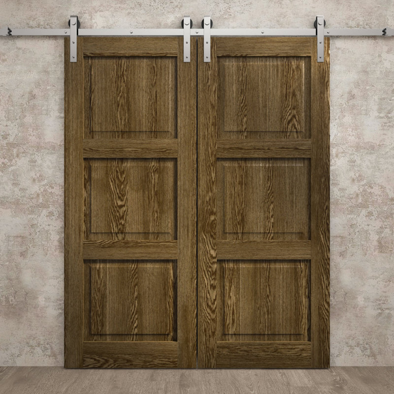 Porte de grange double moderne 84 x 84 pouces Ego 5010 Chêne marbré, rail argenté de 14 pieds, portes intérieures à panneaux pleins