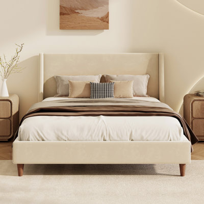 Velvet Upholstered Platform Bed With Wingback Headboard And Walnut Wooden Legs, No Box Spring Needed, King Size