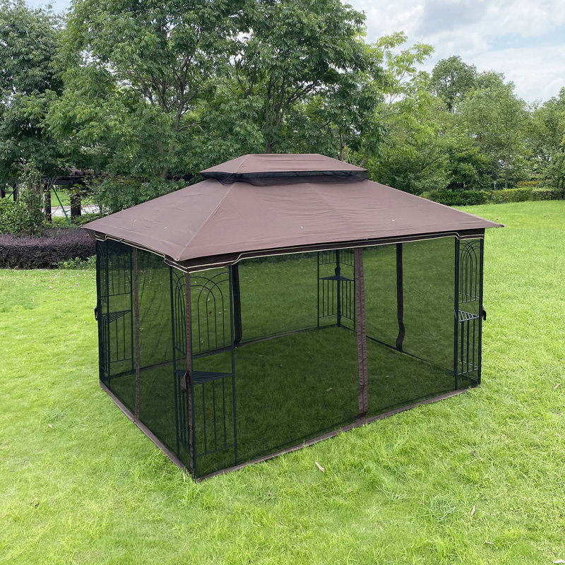 Tente de pavillon de jardin 13x10 avec double toit ventilé et moustiquaire, H 108,66 po x l 157,48 po x P 118 po, Brun