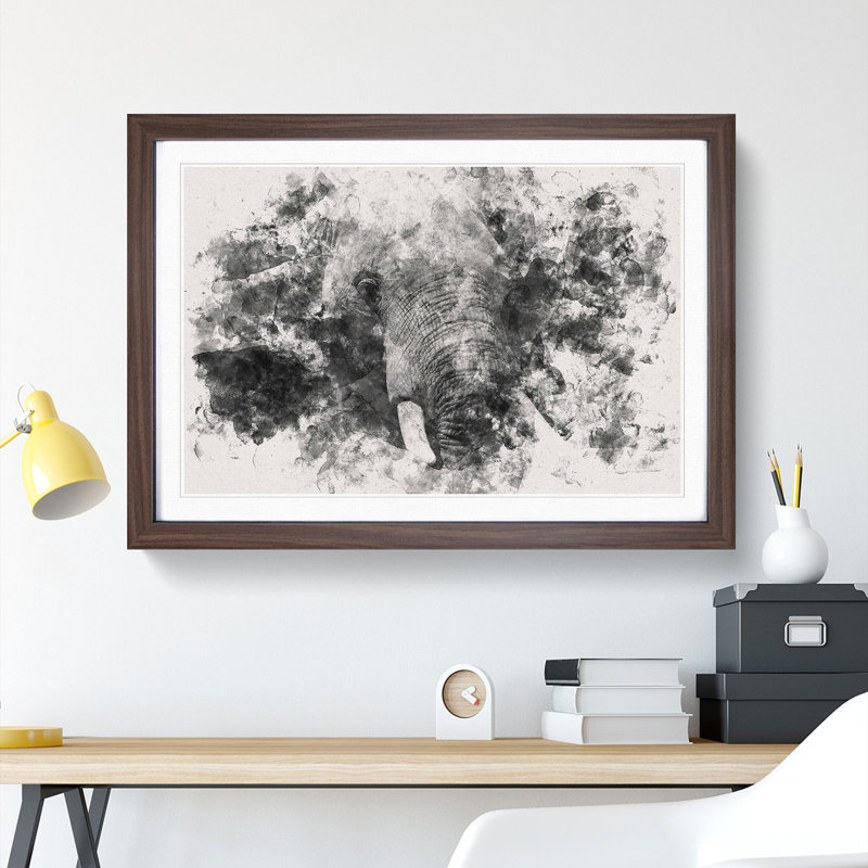 African Elephant Watercolour - Single Picture Frame Print on MDF, Walnut Framed, 40cm H x 60cm W x 2cm D