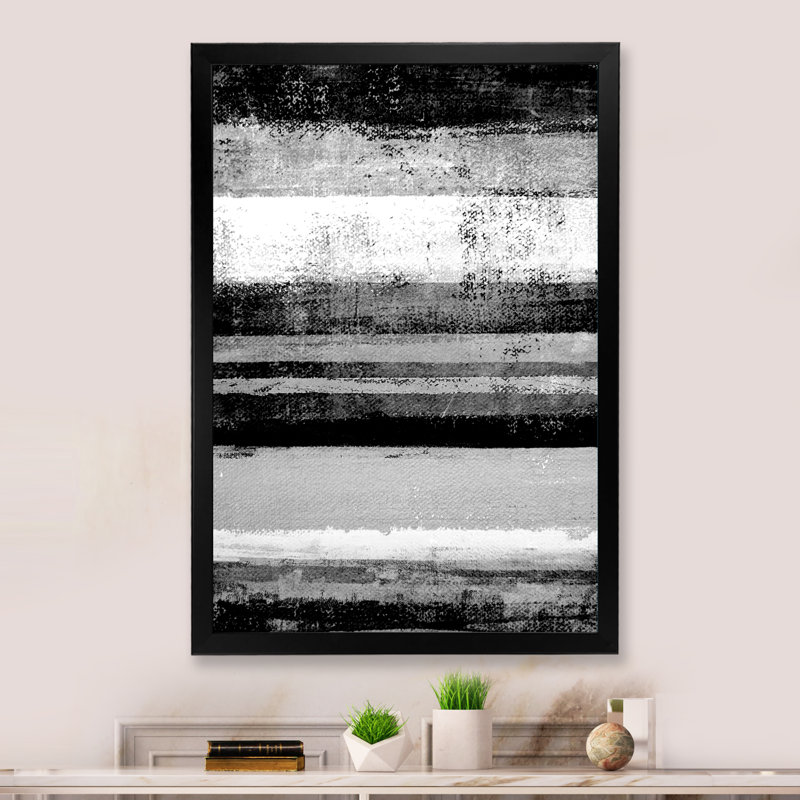 Black And White Abstract Bands - Print on Canvas, Black Picture Framed, 20" H x 12" W x 1" D