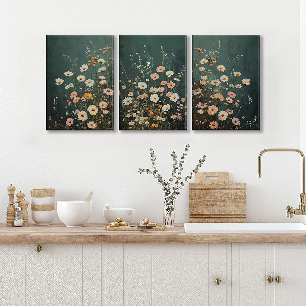 Wildflowers Flower Canvas Wall Art Emerald Green Wall Decor Pictures Botanical Landscape Painting Wildflower Field Prints Modern Farmhouse Floral Artw
