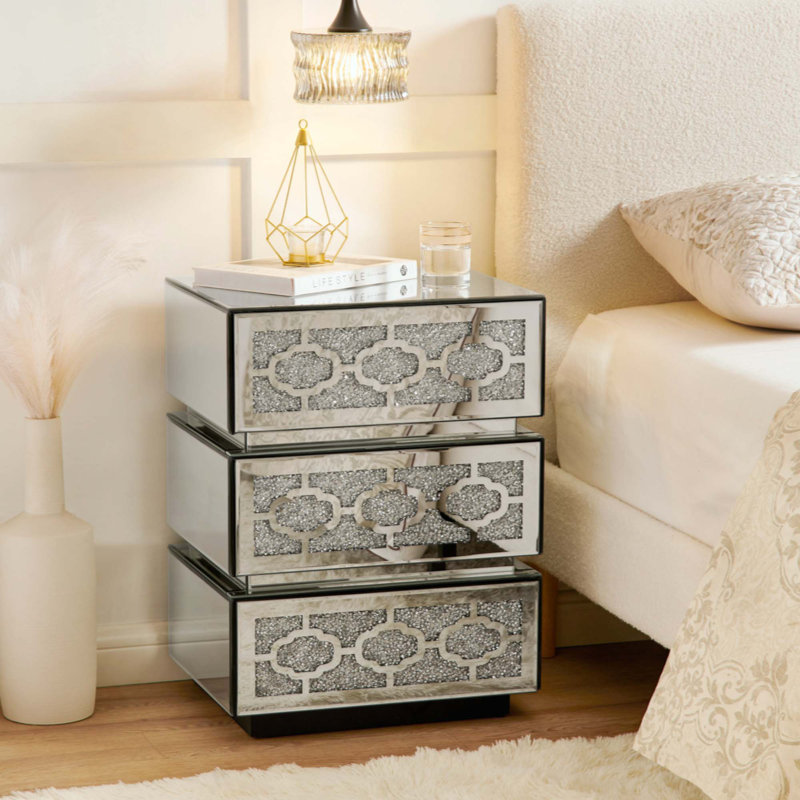 Table de chevet avec miroir, table d'appoint moderne à 3 tiroirs, table de bout décorative argentée avec diamants broyés pour la chambre à coucher, le dortoir et le salon