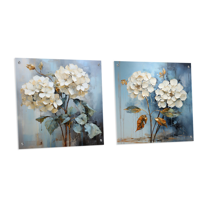 Hortensias bleus en fleurs dans des tons de gris - ensemble de 2 verres muraux en acrylique, H 16 po x l 33 po