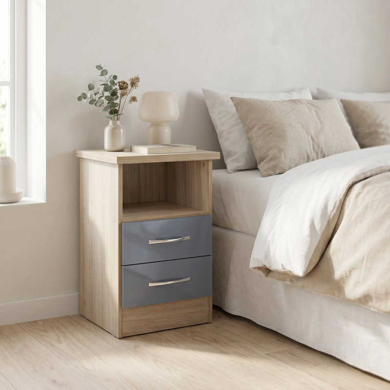 Cascio 2 Drawer Bedside Table, Grey Gloss/Light Oak Effect Veneer