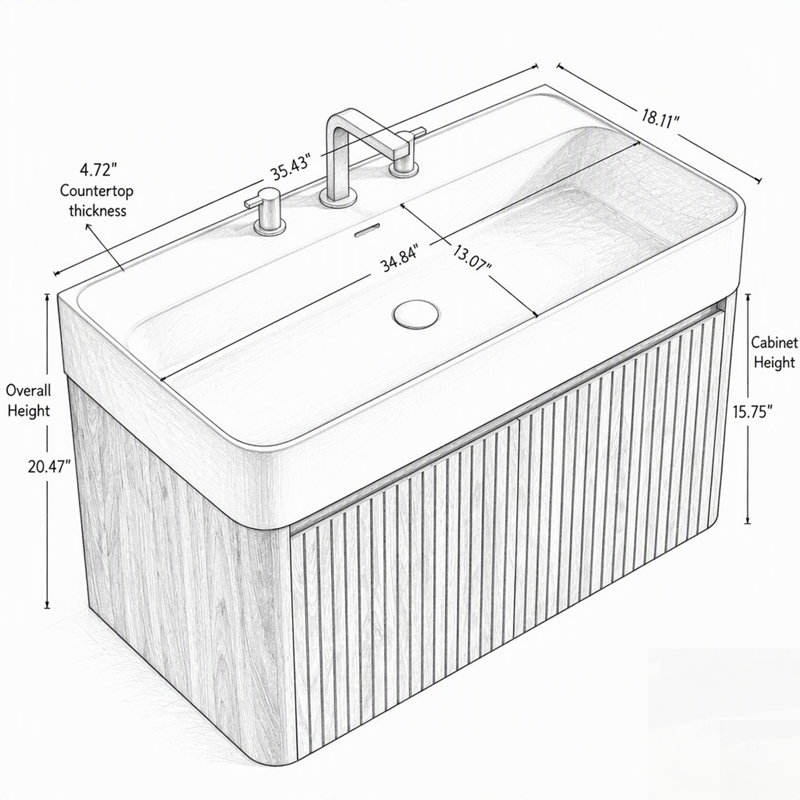 Meuble-lavabo suspendu avec lavabo intégré en surface solide et trois trous pré-percés pour robinetterie pour un rangement moderne