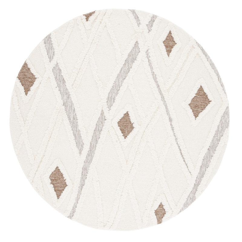 Saphira Geometric Handmade Tufted Cotton/Wool Cream/Brown/Gray Area Rug, Round 6'