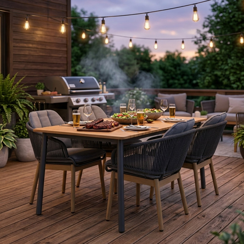 Ensemble repas pour 4 personnes avec table rectangulaire et coussins inclus