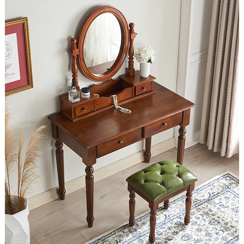 Coiffeuse vintage en bois d'hévéa massif avec rangement à tiroirs pour la chambre à coucher