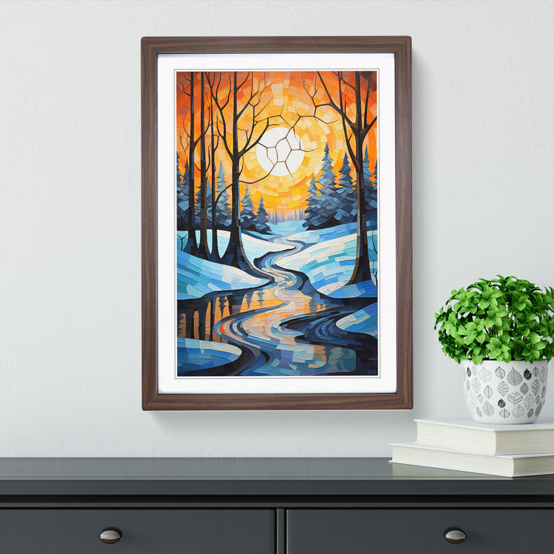 Winter Landscape Cubism - Single Picture Frame Print on Wood, 34cm H x 25cm W x 2cm D, Walnut