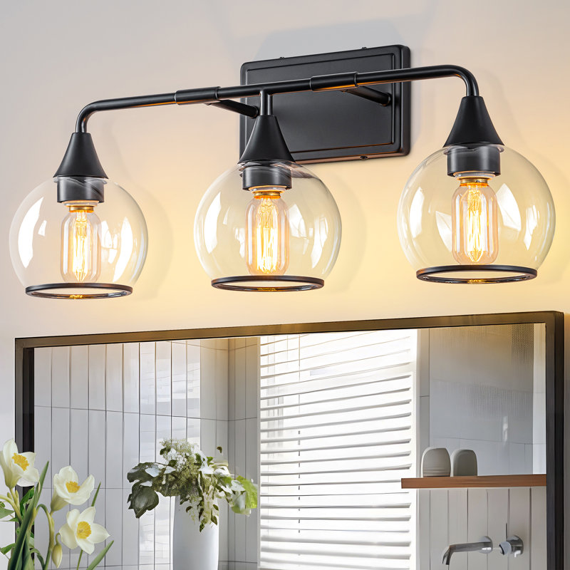 Éclairage de salle de bain 3 lumières à intensité variable avec abat-jour en verre transparent, Matte Black