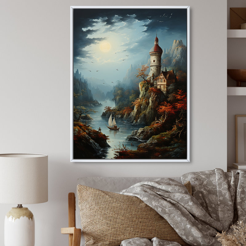 «Castles With The Fall», art mural sur toile, H 32 po x l 16 po x P 1 po, Cadre flottant blanc