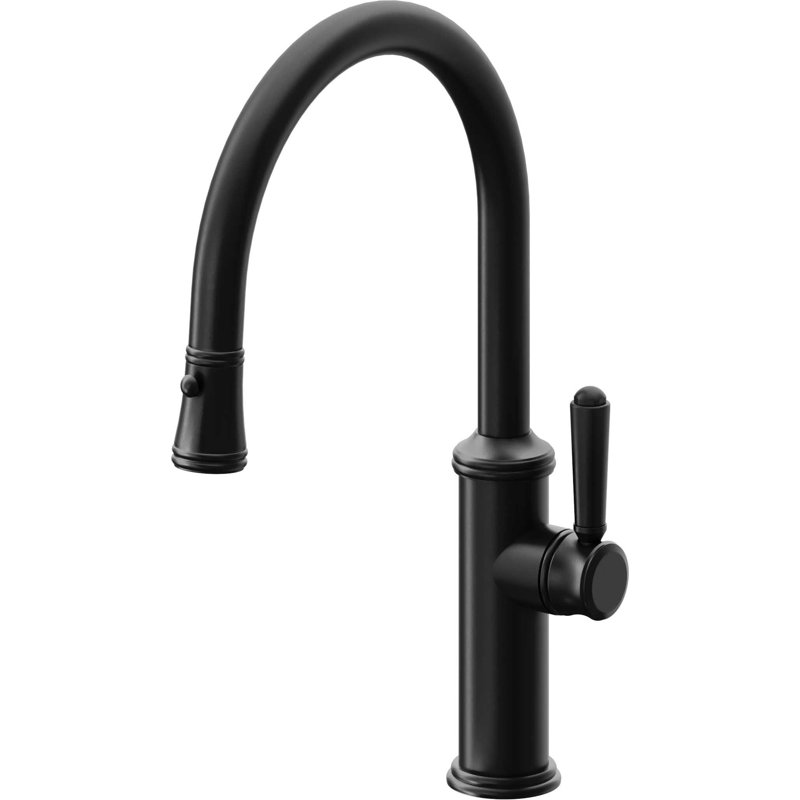 Davoli Kitchen Pull-Down Faucet with Button Sprayer - Low Arc Spout, Matte Black