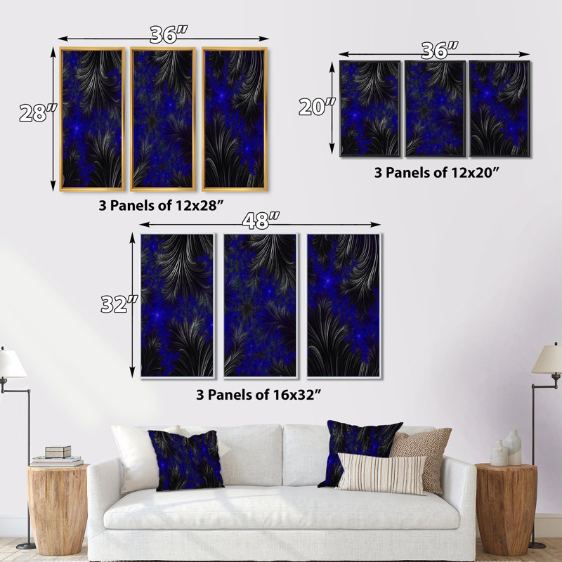 «Black and Blue Fractal Leaves», impression sur toile flottante 3 pièces, H 32 po x l 48 po x P 1 po, Cadre brun