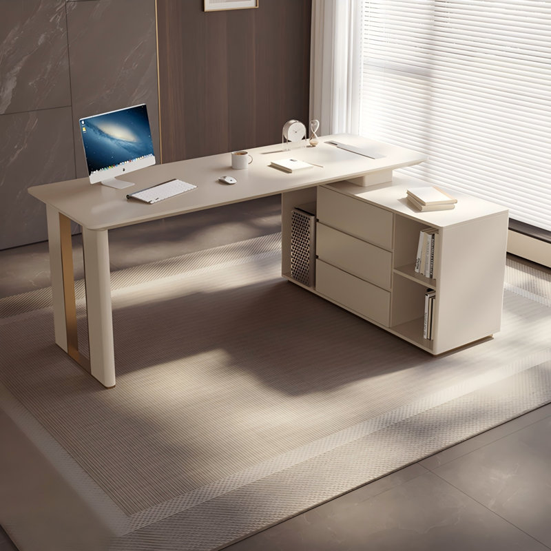Bureau moderne moderne en bois massif blanc avec rangement, H 29,53 po x l 62,99 po x P 27,56 po