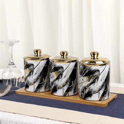 Ceramic Canisters Set For Sugar Coffee Tea With Tray, Marble Storage Containers Sets With Lids Decorative Storage Pots Ceramic Storage Jar For Kitchen Dining Room