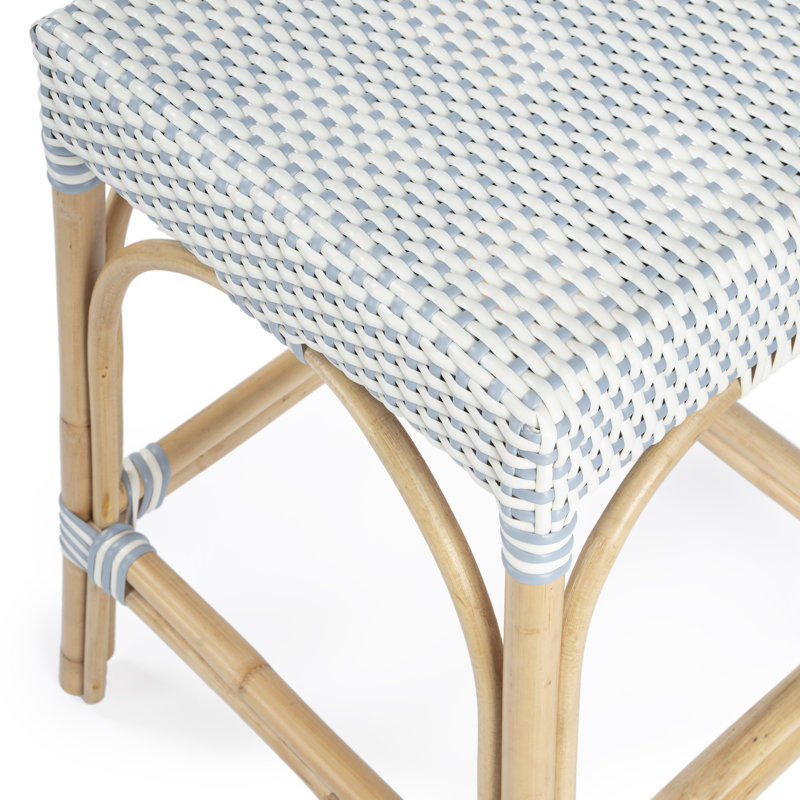 Robias Rattan Bar & Counter Stool, Counter Stool (24.5" Seat Height), White/Sky Blue Dot / Natural Rattan Frame