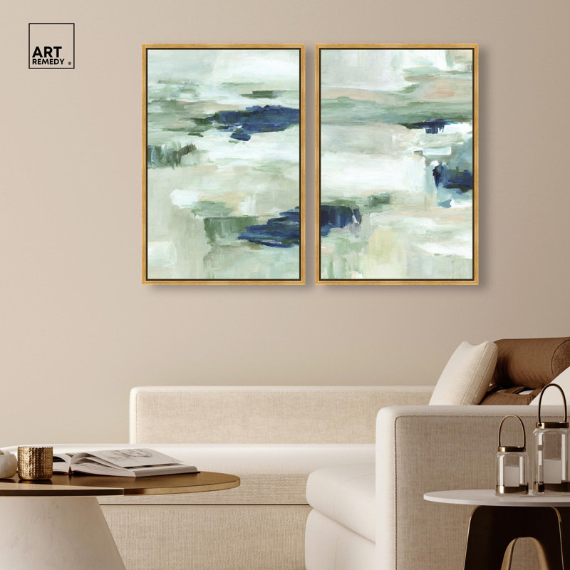 Ensemble artistique « Misty Sea Duo » sur toile, bleu et sauge, par Art Remedy, cadre noir, 10 x 15, H 31 po x l 21 po