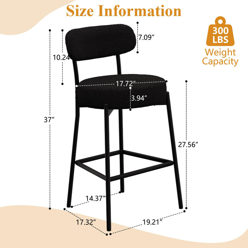 Biff Upholstered Counter Stool with Metal Frame, Black