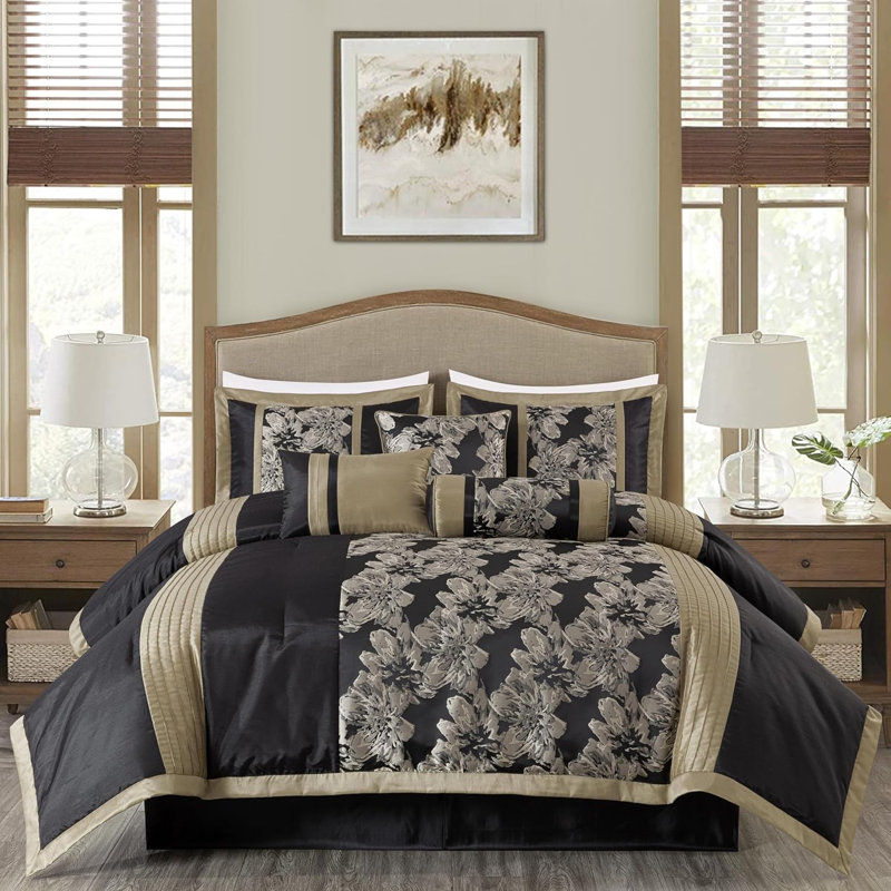 Hibiscus Floral Jacquard Comforter Set, King Comforter + 6 Additional Pieces, Cameron Black