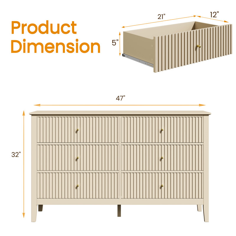 Commode double en bois à 6 tiroirs 47 po Cydny, Beige