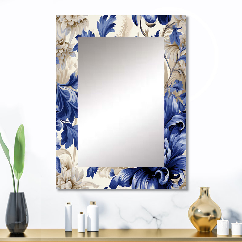 Victorian Cobalt Blue Brocade Victorian Pattern - Floral Mirror Wall Decor, 32" x 24"