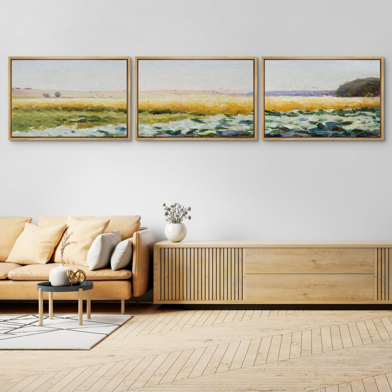 Rustic Countryside Meadow's Muse Golden Hour Grass Fields Country Landscape Illustration 3 - Pièces, Encadré naturel