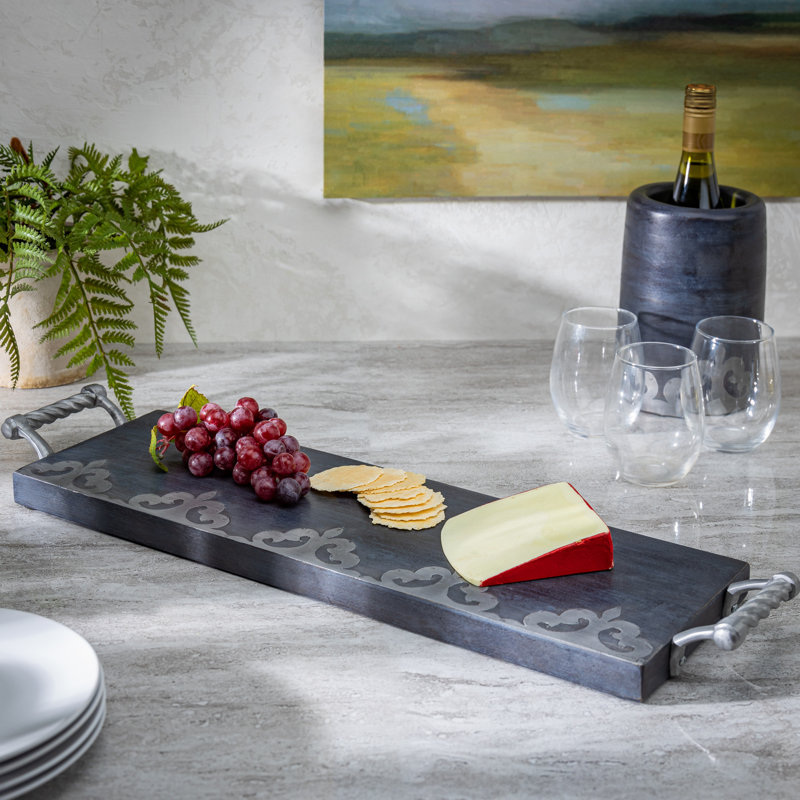 Gray-washed metal-inlay charcuterie board with handles