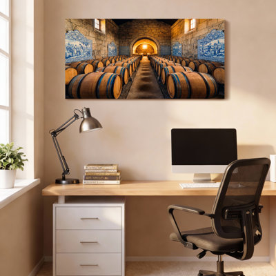 Wine Barrel Cellar With Blue Tiles Canvas Wrapped Wall Art Oil Painting Print Set Of 1