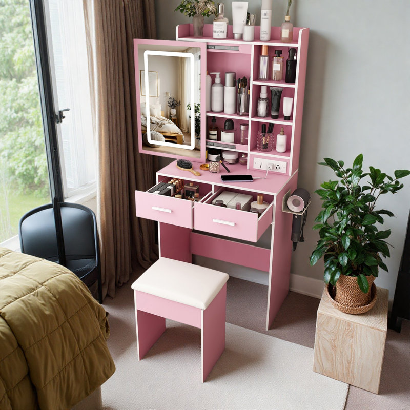 Petit bureau de coiffeuse avec miroir et lumières DEL réglables, Pink