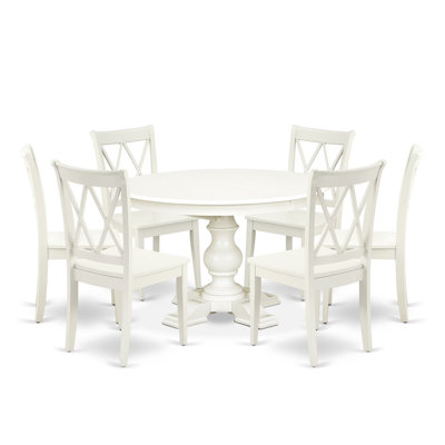 7-Piece Kitchen And Dining Table Set with Table with Extension Leaf, 6 Wooden Chairs with Double X-Back Style and Round/Oval Shape Table, Linen White Finish