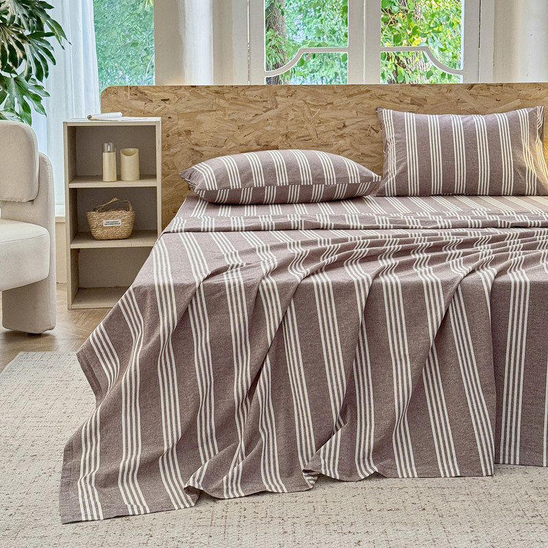 Striped Bed Sheet Set 4 Pieces Soft Washed Cotton 1 Flat Sheet 1 Fitted Sheet 2 Pillowcases, Brown Striped