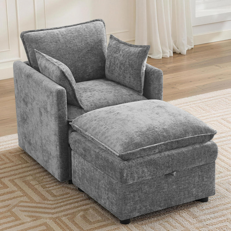 Ensemble de 2 chaises d'appoint et repose-pieds rembourrés avec compartiments cachés, Gris clair