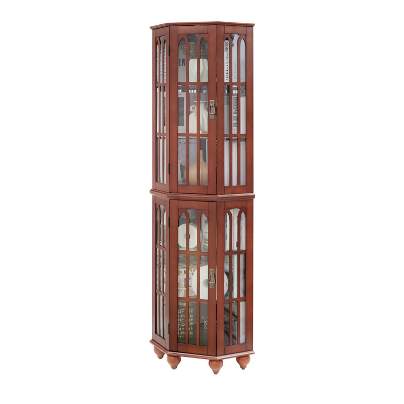 Vitrine d'angle avec 4 tablettes réglables en verre trempé et système d'éclairage, Noyer