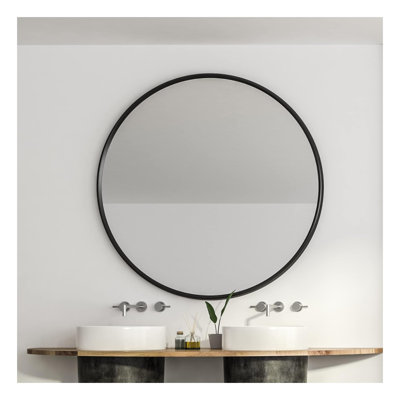 39 Inch Round Bathroom Mirror, Black Metal Framed Wall Mounted Decorative Mirror with HD Glass for Bathroom, Bedroom - Large Round Wall Mirror