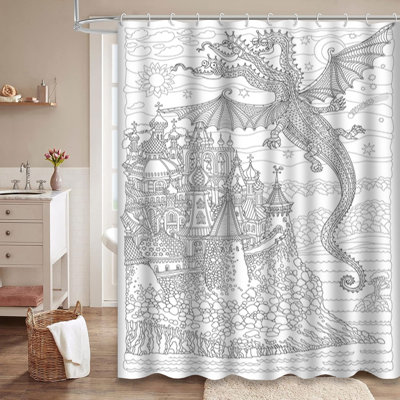 Cartoon Fairy Flying Dragon Doodle Sketch Zen Shower Curtain with 12 Hooks