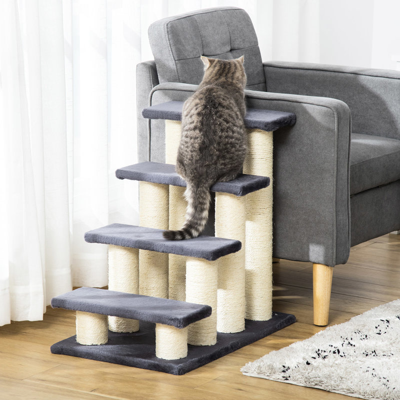 Gray Cat Relaxation Tree With 4 Steps, Scratching Post For Indoor Cats And Puppies Stair-Shaped Function Improving Tree, Gray, Steps