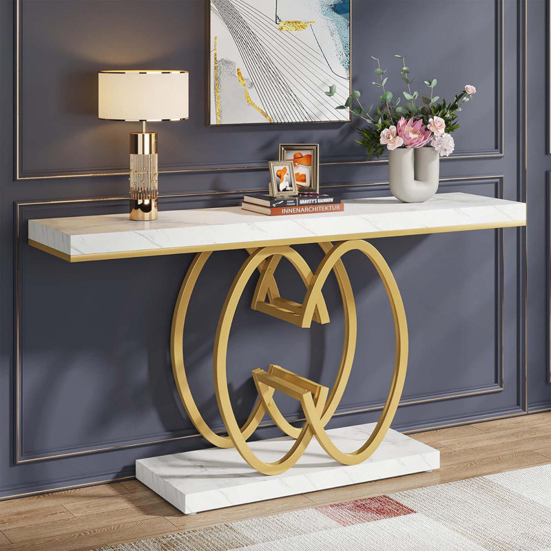 Modern Faux Marble Console Table With Gold Geometric Base For Elegant And Functional Home Decor