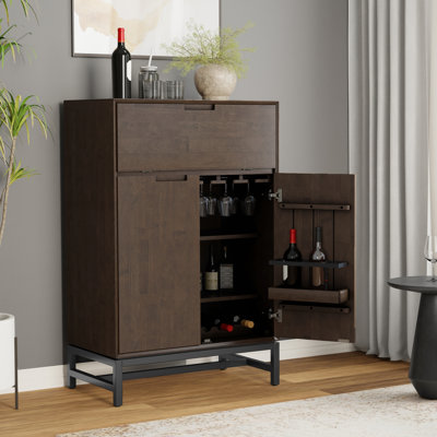 Banting 32"W Solid Hardwood Industrial Bar Cabinet with Wine Shelf, Stemware Rack, and Extra Storage by Simpli Home