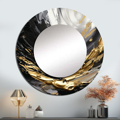 Saranne Golden Wave Reflections VIII - miroir mural décoratif abstrait, grand miroir rond moderne, impression d'art en métal