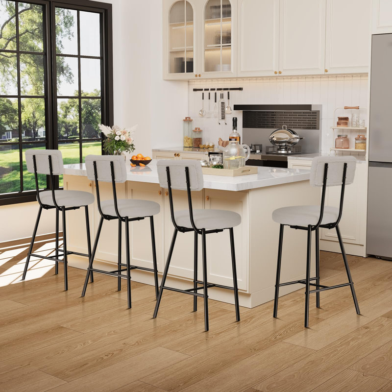 Boucle Upholstered Bar Stools, Modern Counter Height Bar Chairs With High Back, Footrest And Metal Leg, Gray, 4